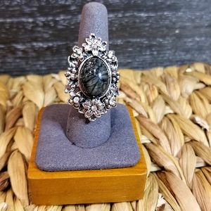 Grey Tigers Eye Ring Pewter